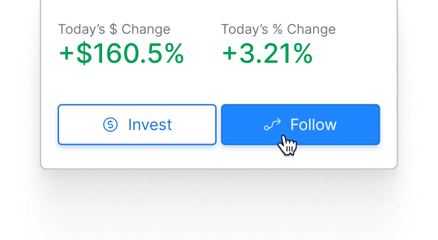 The bottom half of a strategy card showing changes in today's performance as dollar and percent, with the Invest and Follow buttons side by side, and the Follow button highlighted.