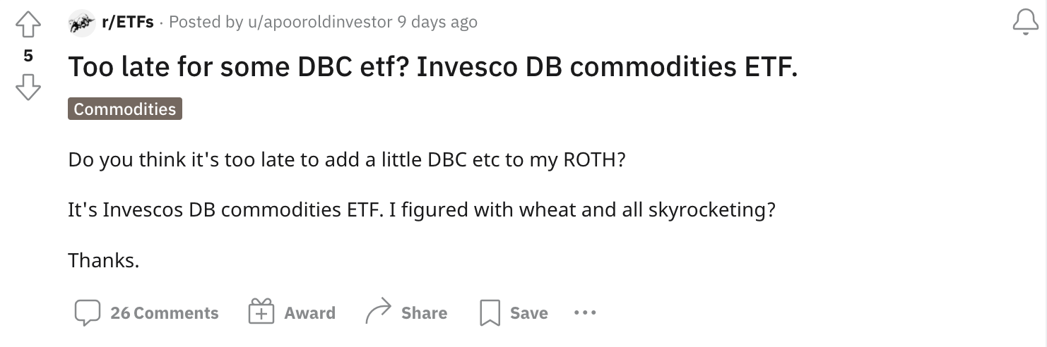A screenshot of an investor on Reddit asking if it's too late to invest in a DBC ETF.
