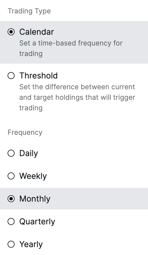 Rebalance and trading frequency settings for investment strategies on Composer
